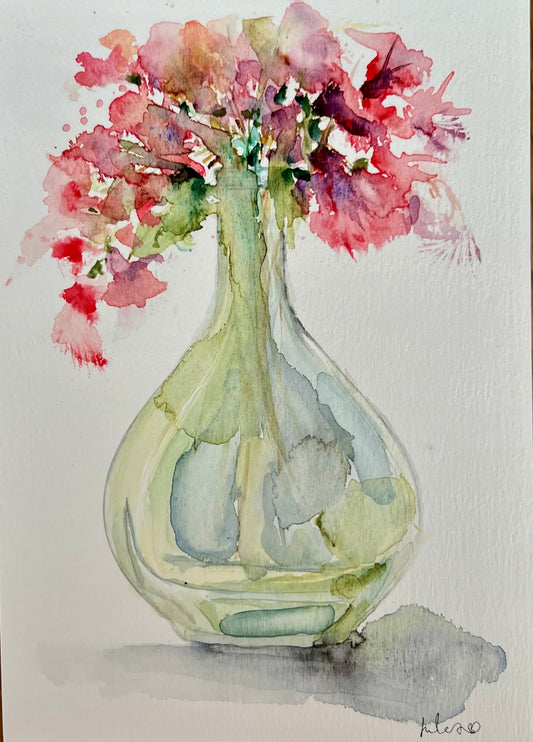 A beautiful loose watercolour painting of flowers in a vase. Available for sale 