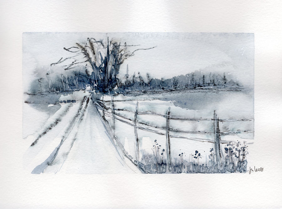 Gift card for Jules Smith Art, with the watercolour Winter's View, a frosty path, fence and tree
