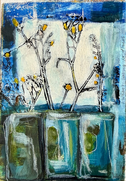 Uncommon Collective, small original painting by Jules Smith, little yellow blooms in three glass vases against a white window, line "I wasn't looking for flowers"