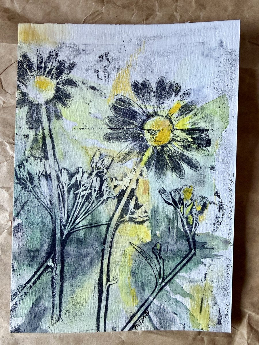 Meadow Maids, Little Wild Things no. 5, original botanical mixed media painting by Jules Smith, shown flat on brown paper