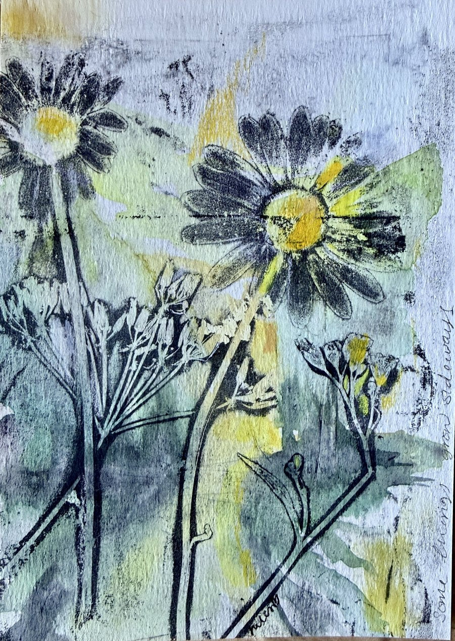 Meadow Maids, Little Wild Things no. 5, original botanical mixed media painting by Jules Smith, daisies and meadow plants in sage, mint and sunshine yellow