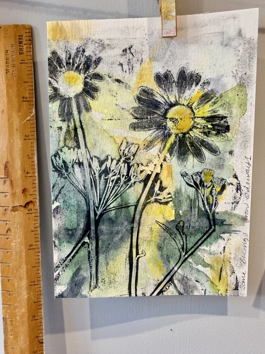 Meadow Maids, Little Wild Things no. 5, original botanical mixed media painting by Jules Smith, shown beside a ruler for scale