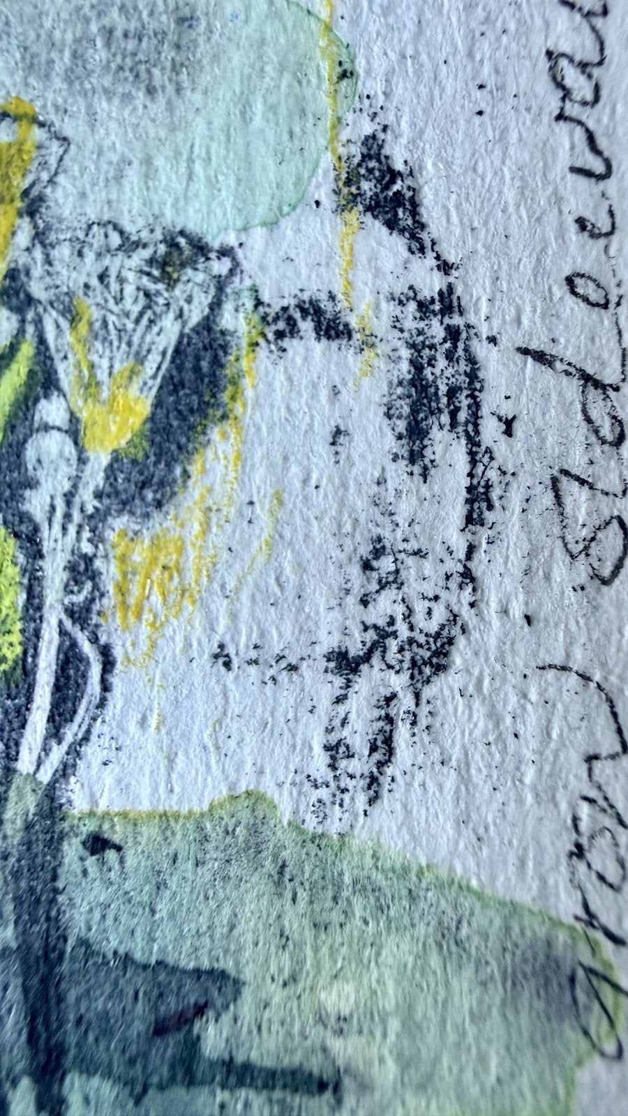 Meadow Maids, Little Wild Things no. 5, original botanical mixed media painting by Jules Smith, close-up of the handwritten line Some things grow sideways
